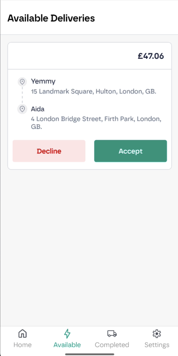 White-label courier app available delivery offer screen