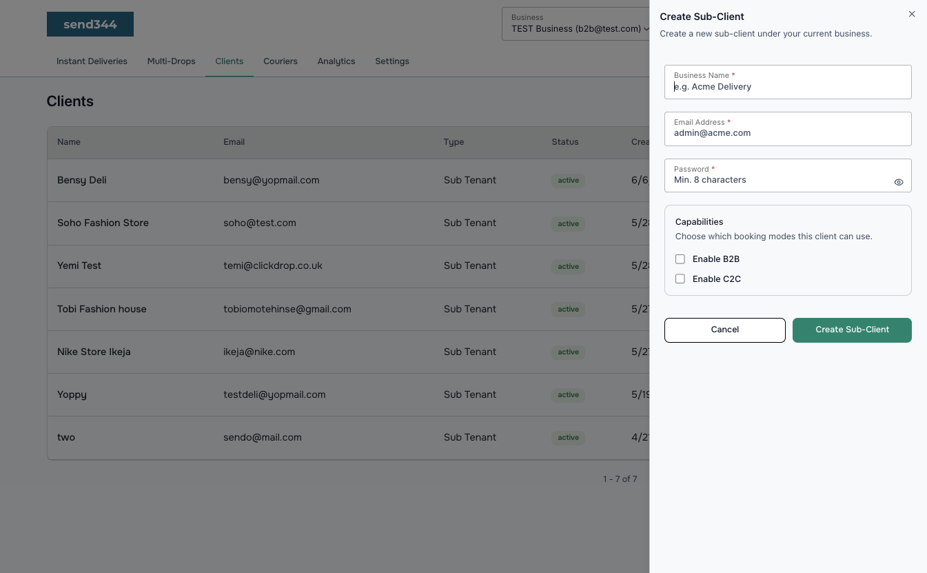 White-label dashboard side panel for creating a sub-client