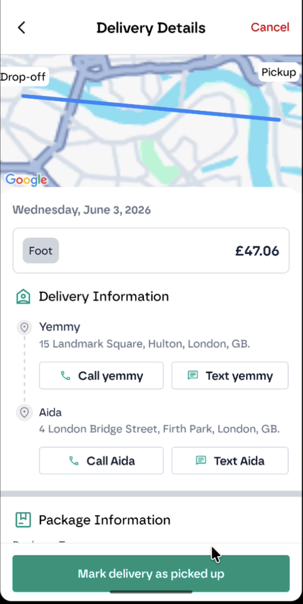 White-label courier app delivery details pickup screen