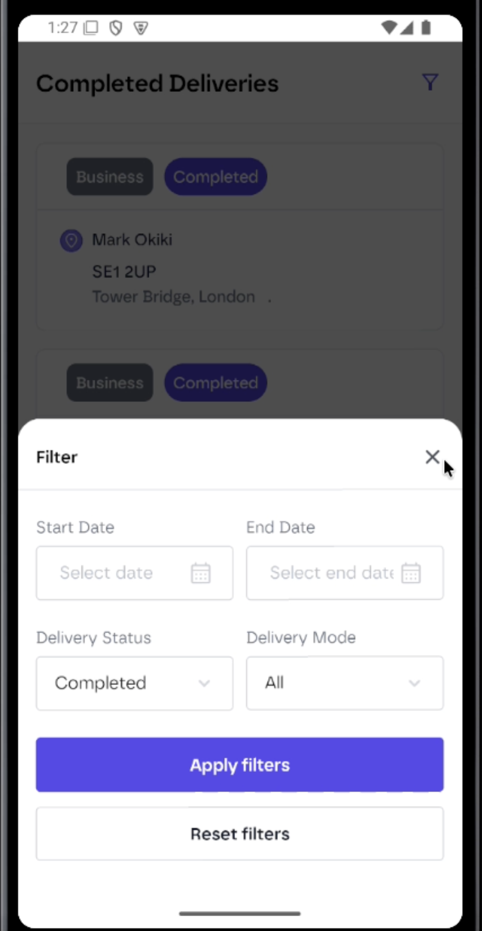 White-label courier app delivery filter sheet