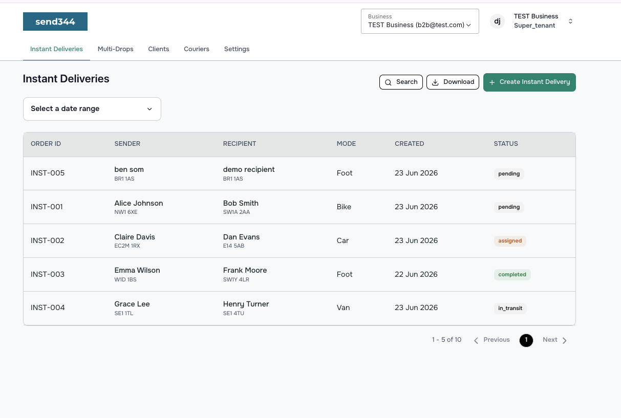 White-label dashboard showing instant deliveries in a table