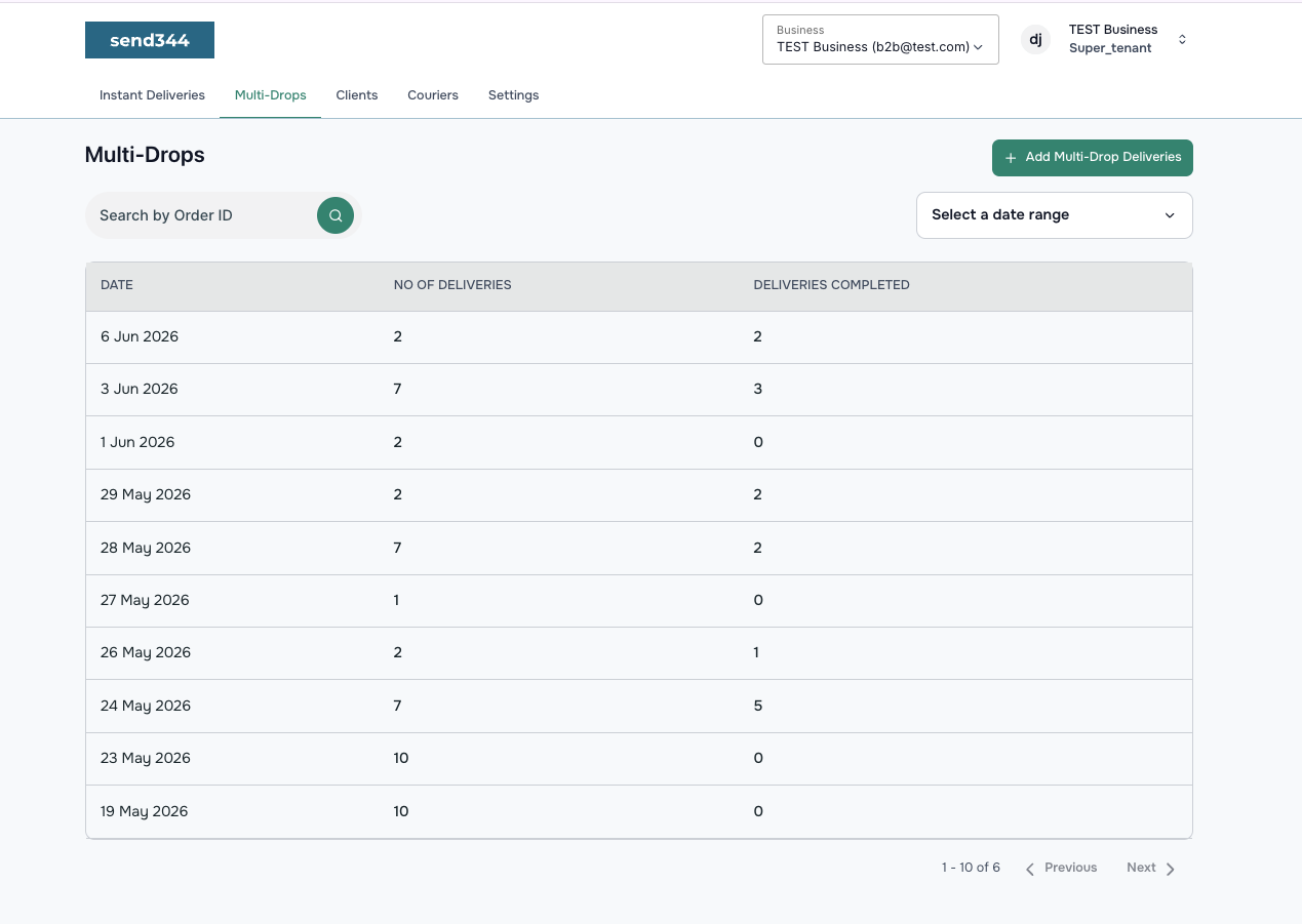 White-label dashboard showing multi-drop delivery batches