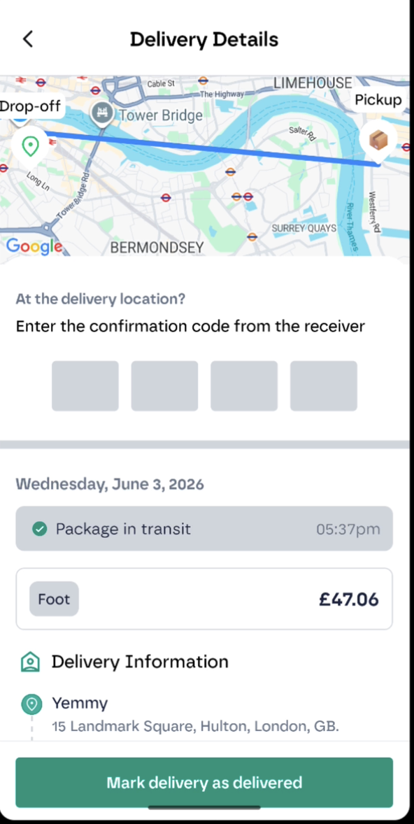 White-label courier app drop-off confirmation screen