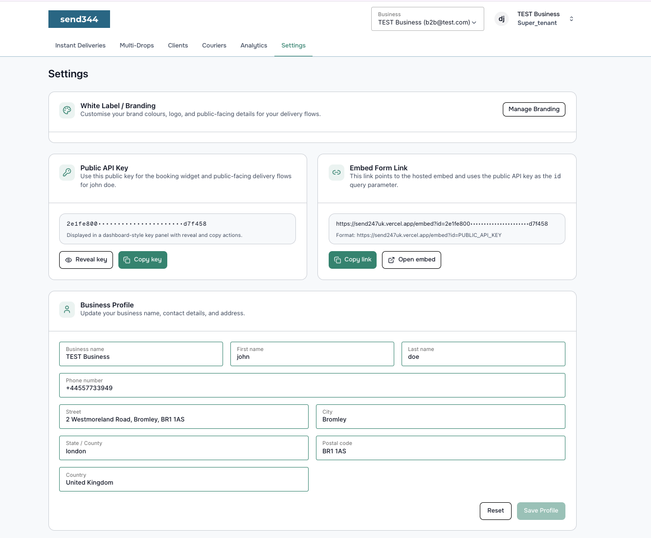 White-label dashboard settings screen with API key and embed link
