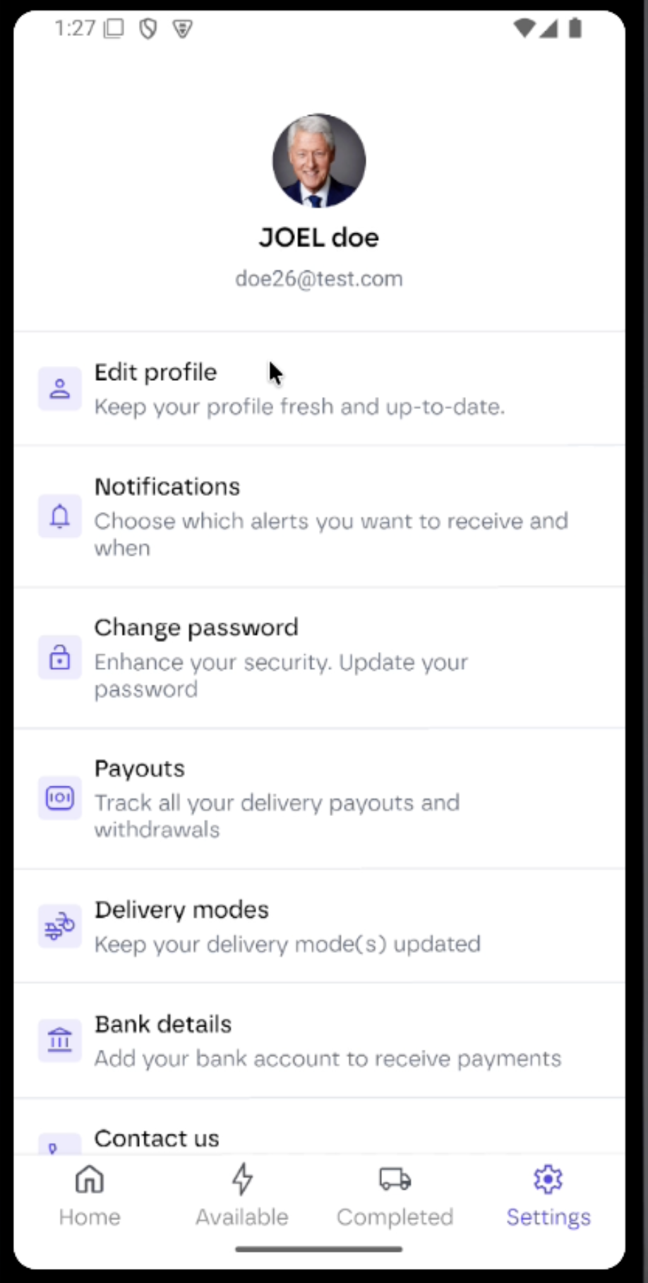 White-label courier app settings screen